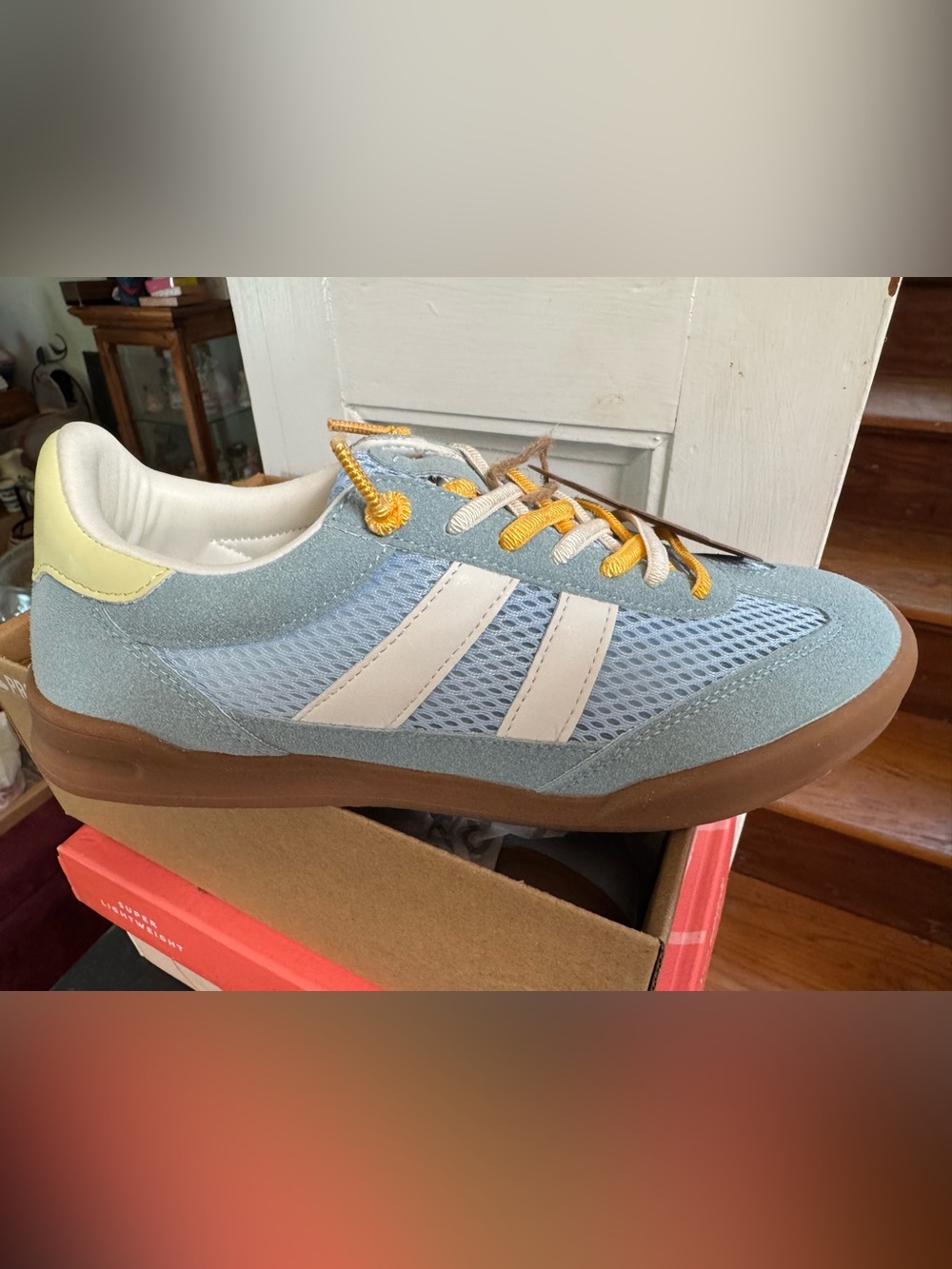 Women’s Light Blue Mesh Sneaker with White Stripes and Brown Sole